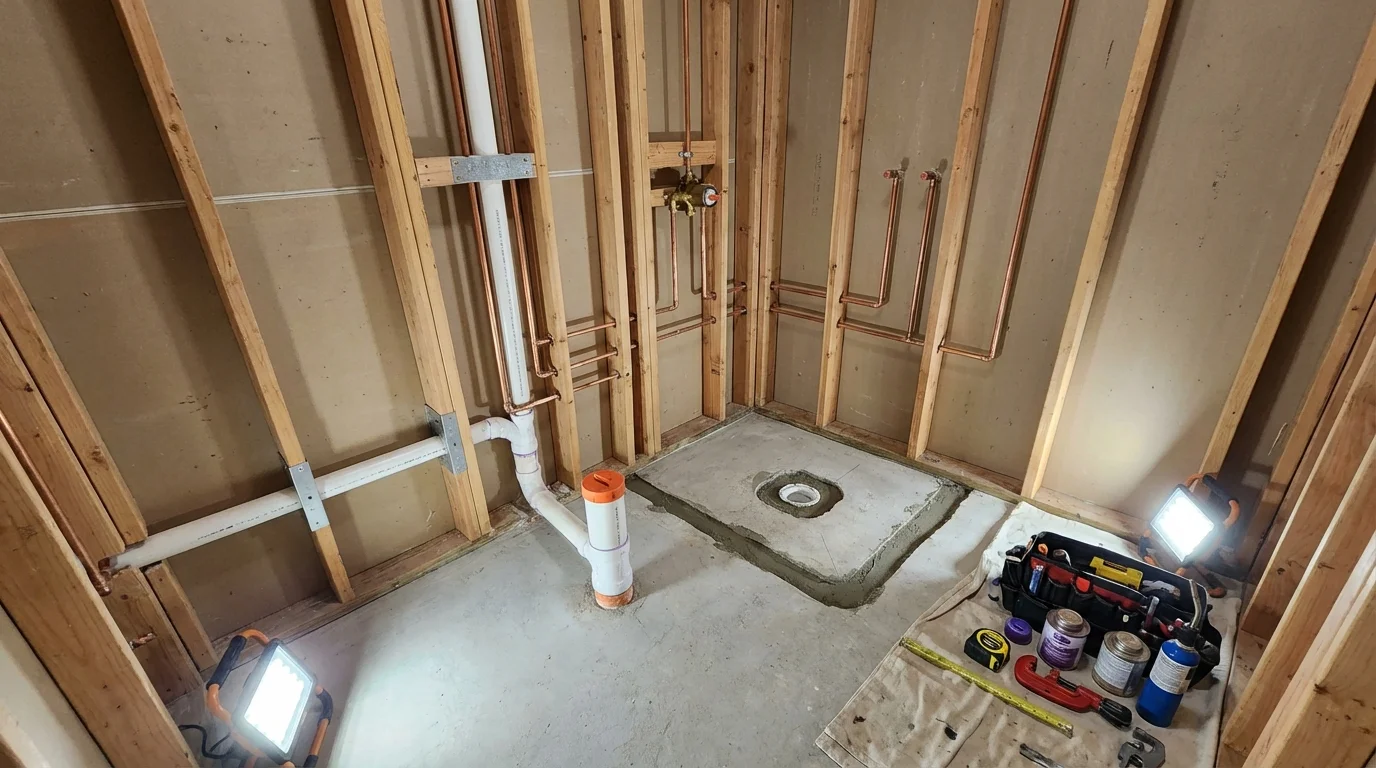 Bathroom rough-in plumbing during remodel by Johns Plumbing LLC in Corning