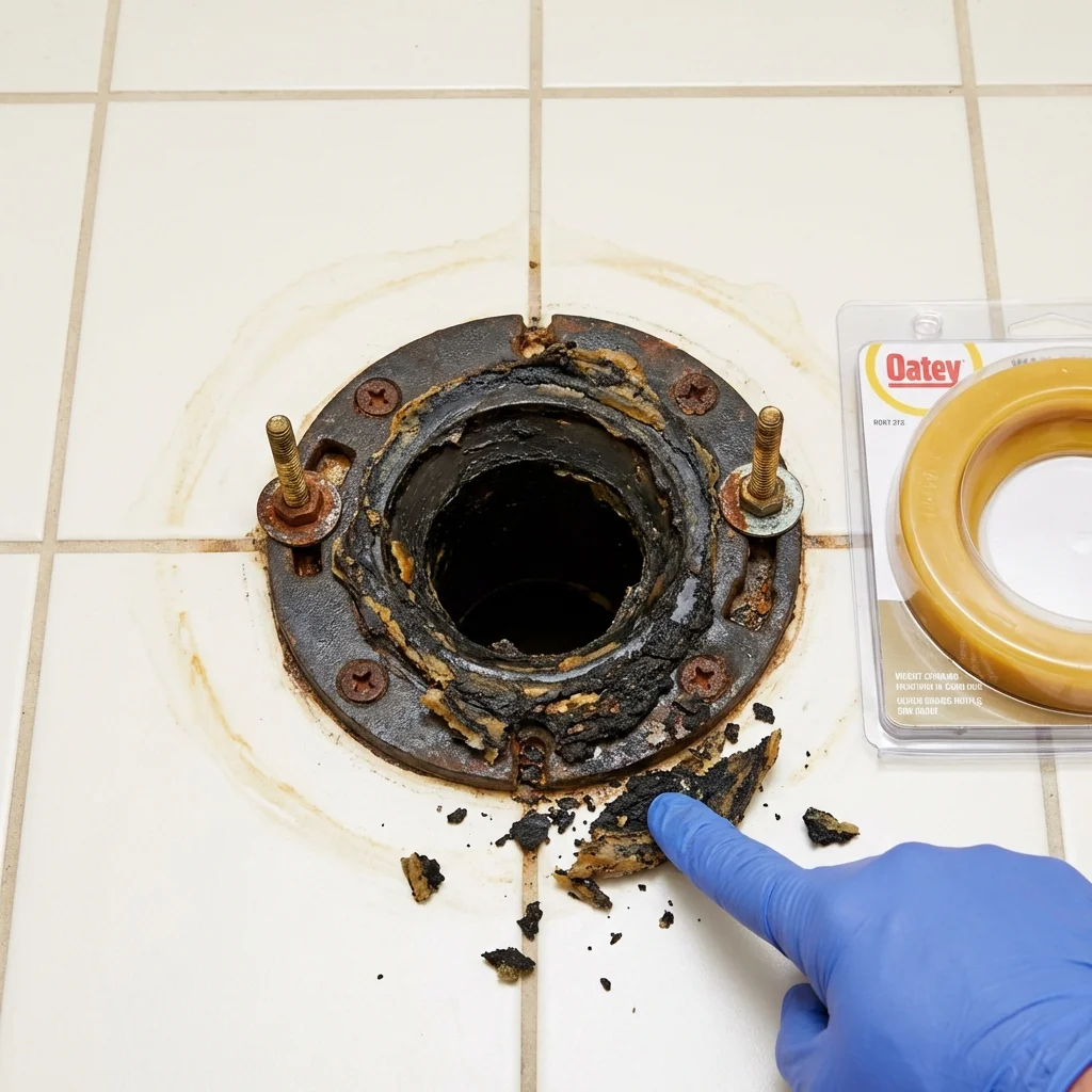 Failed wax ring showing water seepage at the base of a toilet in a Corning, IA home