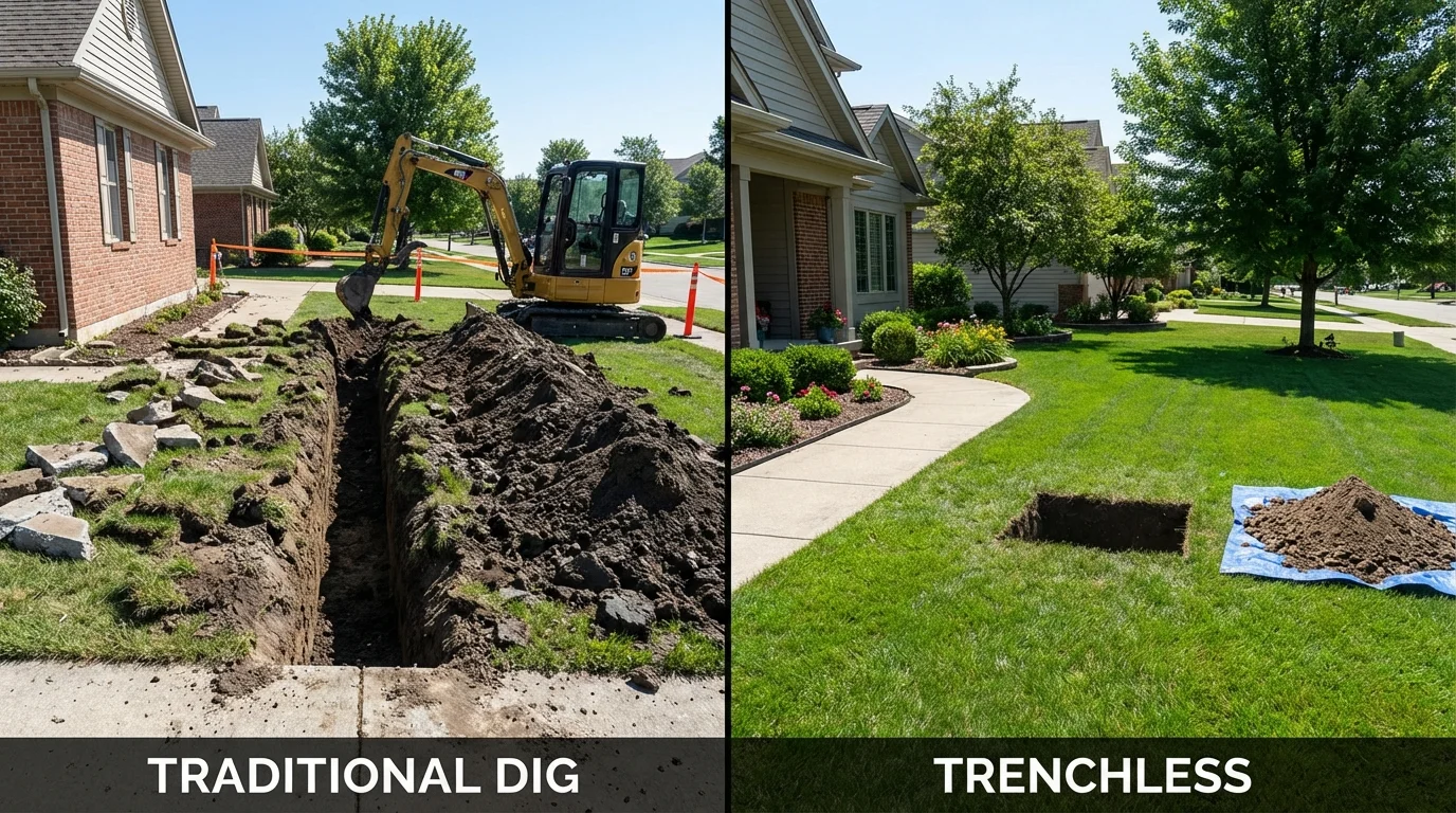 Trenchless sewer repair with minimal yard damage versus traditional excavation in Corning, IA