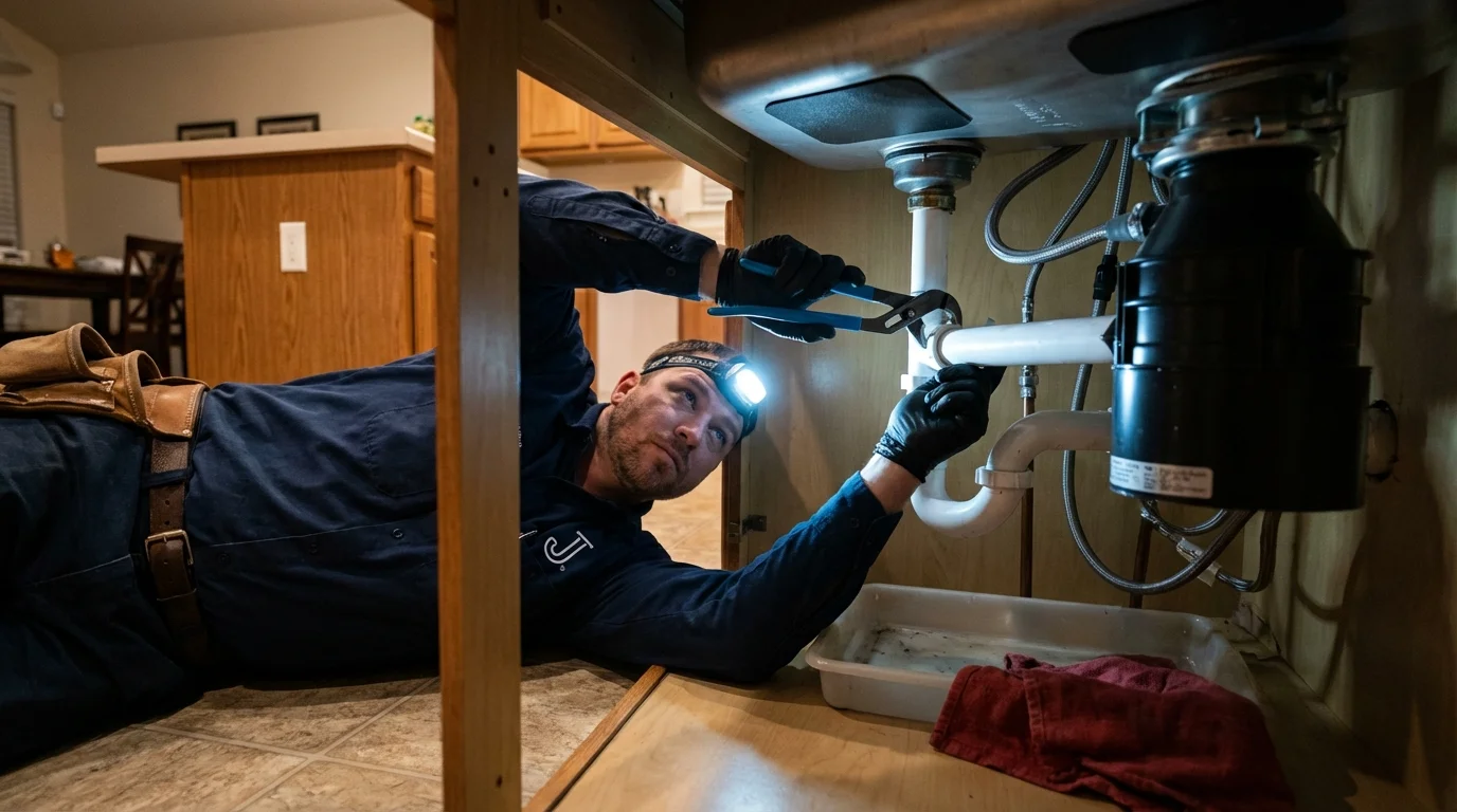 P-trap and supply line connections under a kitchen sink showing a common leak point in Corning, IA